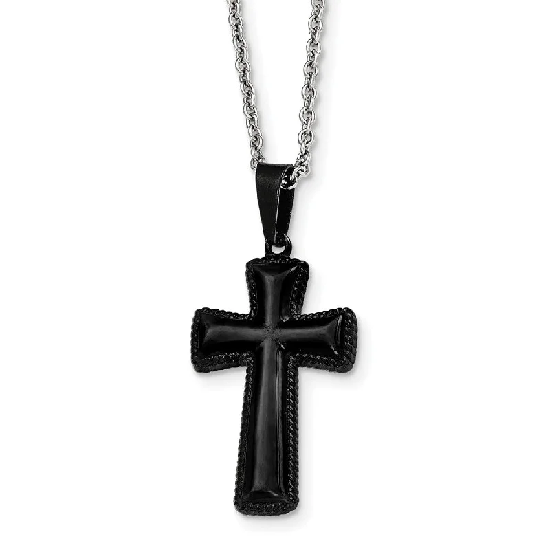 Shiny gem necklace-Medium Black Plated Pillow Cross Necklace in Stainless Steel, 18 Inch