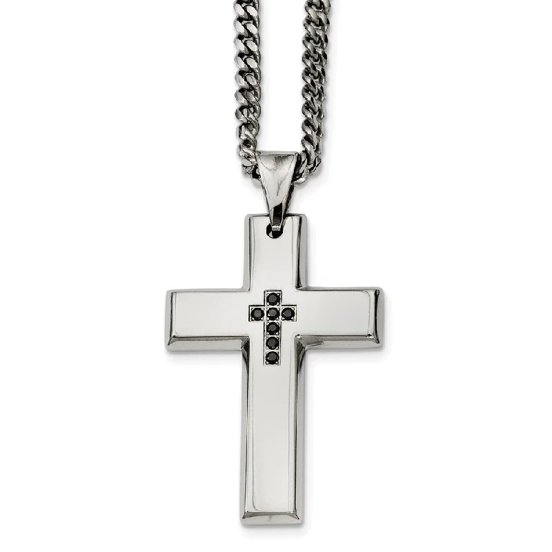 Swept gem necklace-Men's Stainless Steel and Black Diamond Cross Necklace - 22 Inch