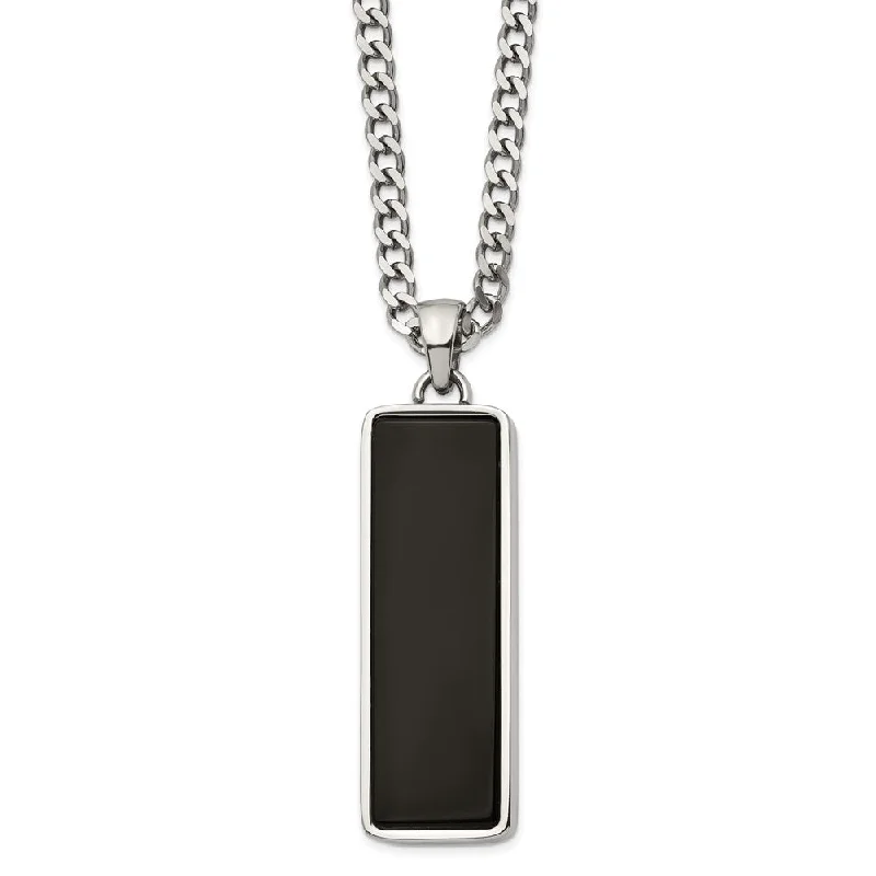 Glimmering gem necklace-Men's Stainless Steel & Black Onyx Inlay Rectangle Necklace, 22 Inch