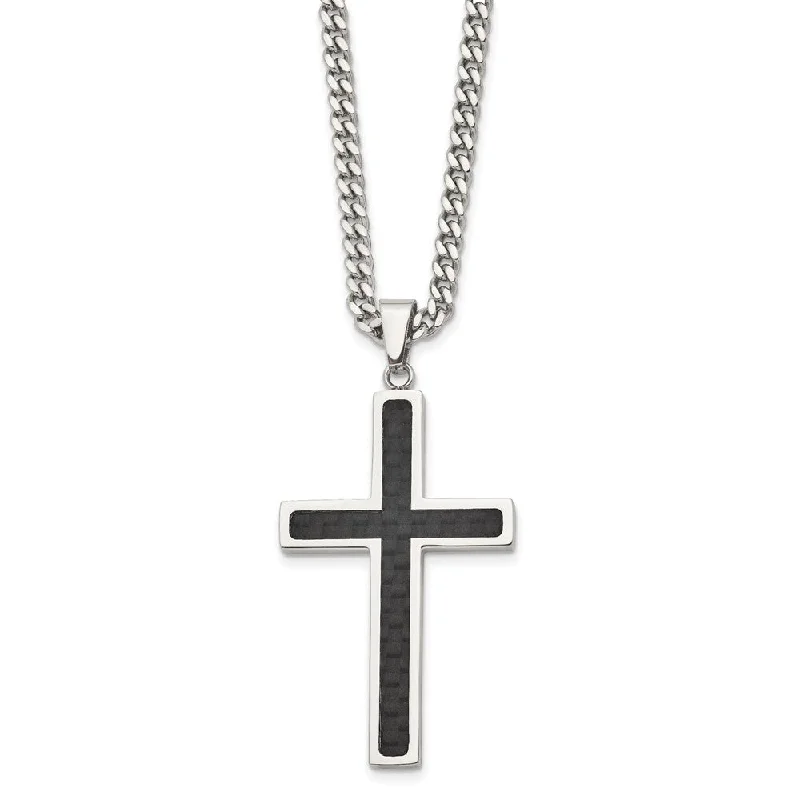 Shimmering jade necklace-Men's Stainless Steel & Blk Carbon Fiber Large Cross Necklace, 24 Inch