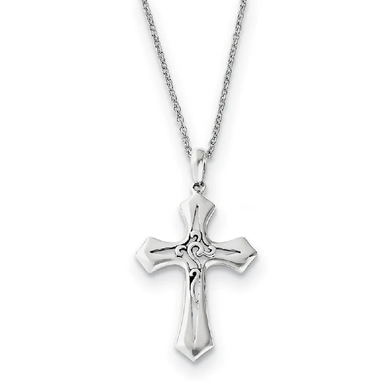 Deep obsidian necklace-Rhodium Plated Sterling Silver Abide in Him Cross Necklace, 18 Inch