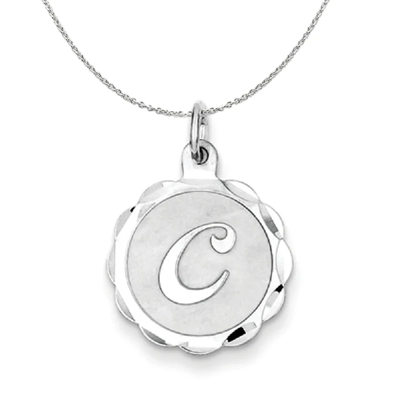 Silver, Sarah Collection 15mm Brocaded Disc Initial C Necklace