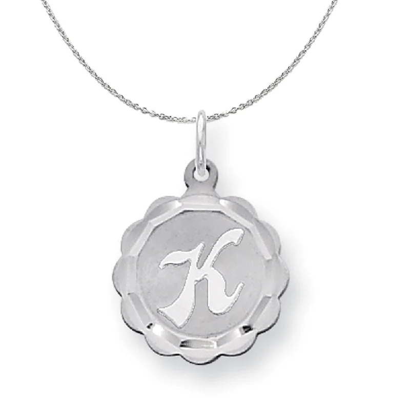 Knotted cord necklace-Silver, Sarah Collection 15mm Brocaded Disc Initial K Necklace