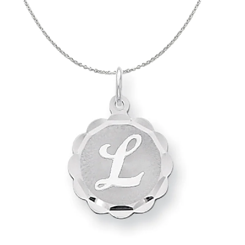 Radiant silver necklace-Silver, Sarah Collection 15mm Brocaded Disc Initial L Necklace