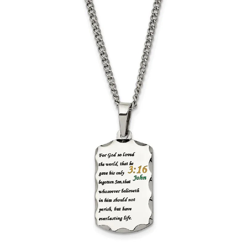 Stamped design necklace-Stainless Steel Acid Etched John 3:16 Small Dog Tag Necklace, 24 Inch