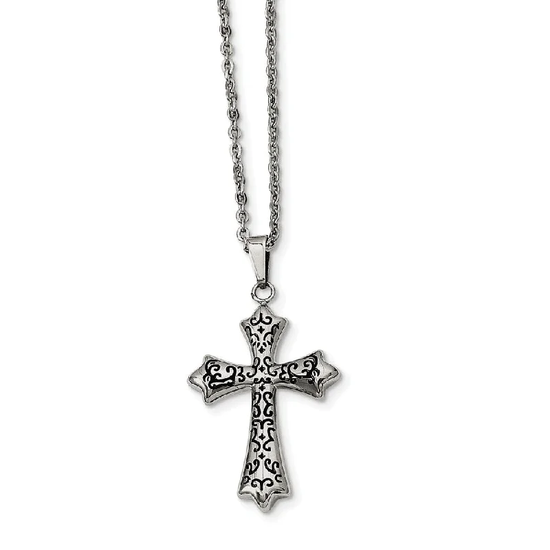 Elevated stone necklace-Stainless Steel and Black-plated Cross Necklace - 20 Inch