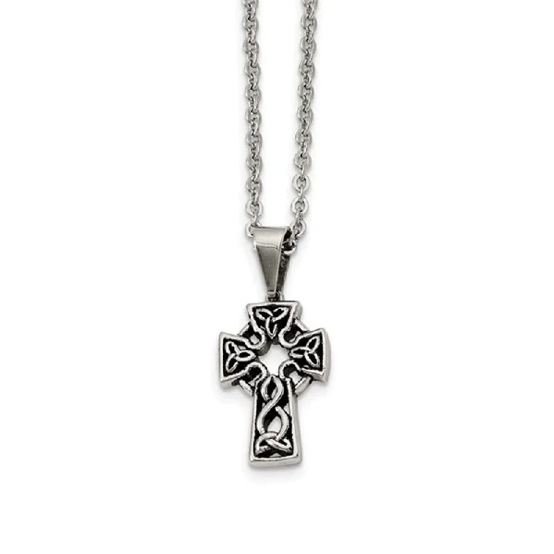 Glossy obsidian necklace-Stainless Steel Antiqued Celtic Cross Necklace - 18 Inch