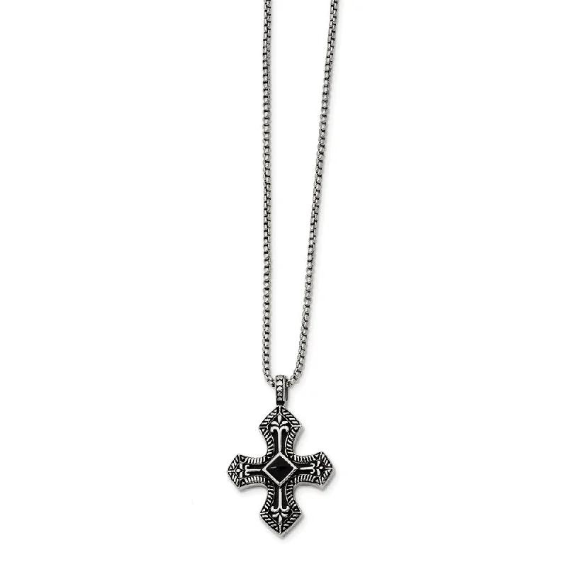 Peaked ridge necklace-Stainless Steel Black Agate and Antiqued Cross Necklace - 24 Inch