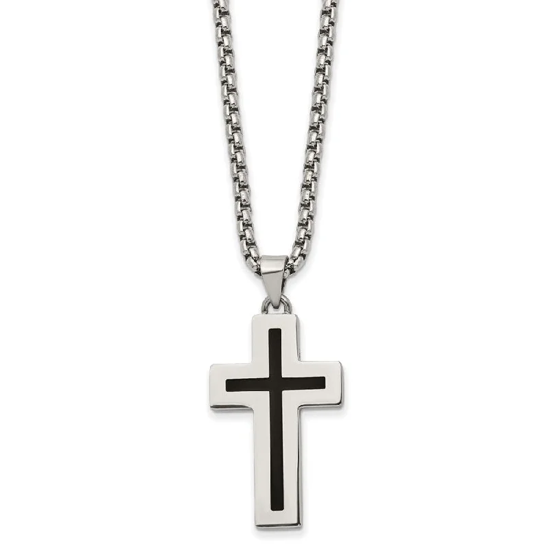 Satin titanium necklace-Stainless Steel & Black Enamel Small Cross Necklace, 24 Inch