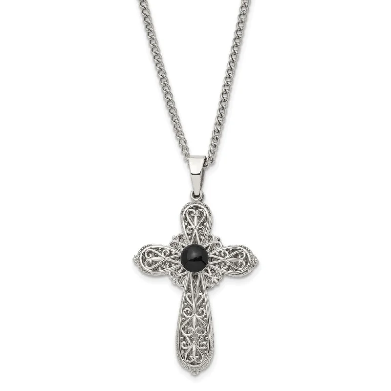 Crest motif necklace-Stainless Steel & Black Epoxy Pentecost Prayer Cross Necklace, 24 Inch