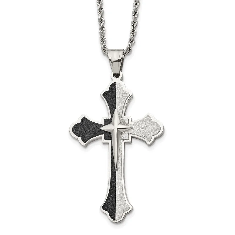 Stainless Steel & Black Plated Large Fleur de lis Cross Necklace, 24in