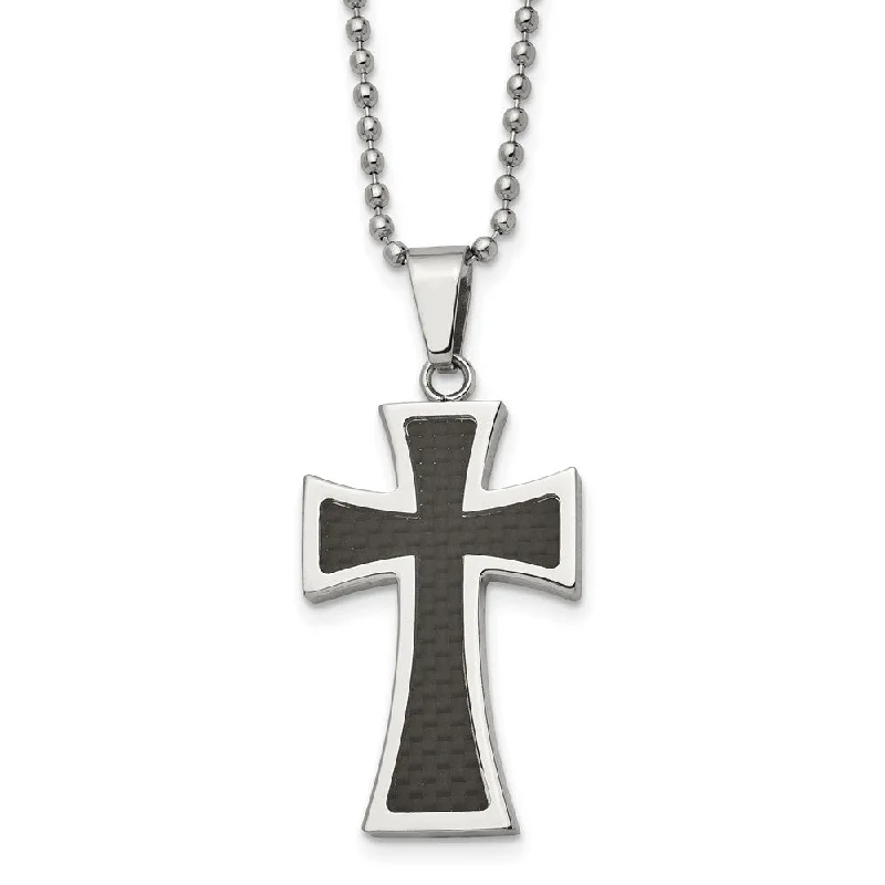 Fluid necklace-Stainless Steel & Blk Carbon Fiber Maltese Cross Necklace, 22 Inch