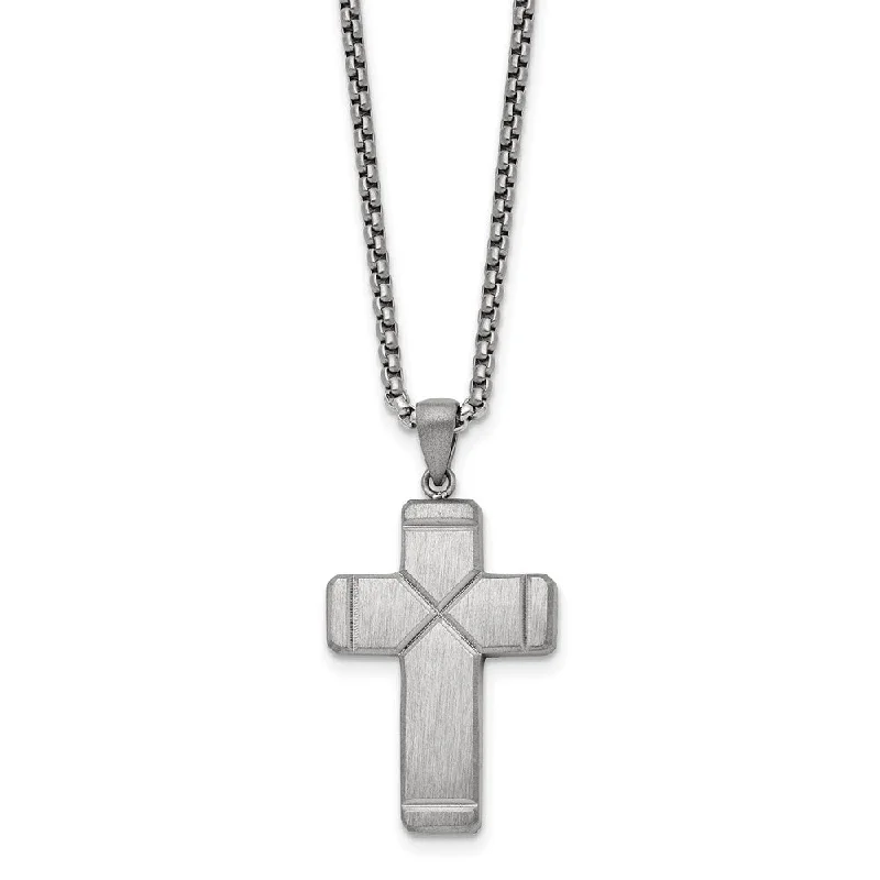 Fine-level necklace-Stainless Steel Brushed & Grooved Cross Necklace, 19.5 Inch