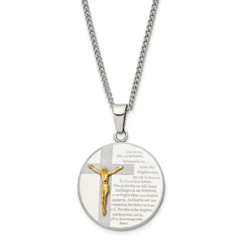 Wire-curve necklace-Stainless Steel & Gold Tone Plated Lords Prayer Disc Necklace, 24 Inch