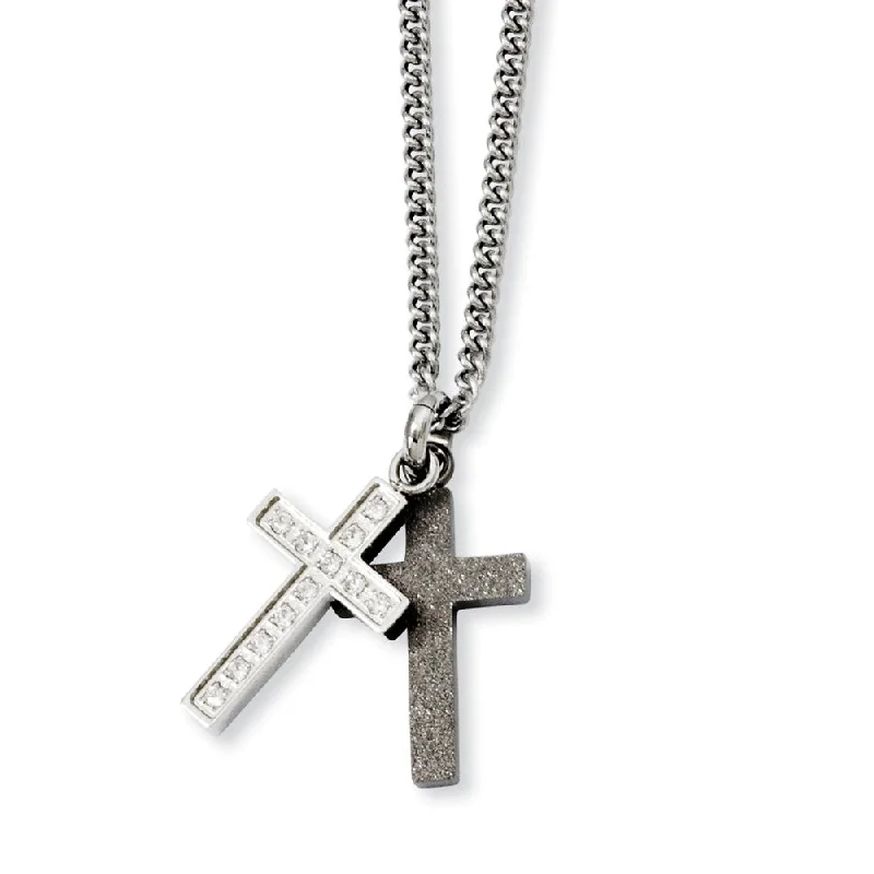 Fine-cut necklace-Stainless Steel Laser-cut and CZ Double Cross Necklace - 20 Inch