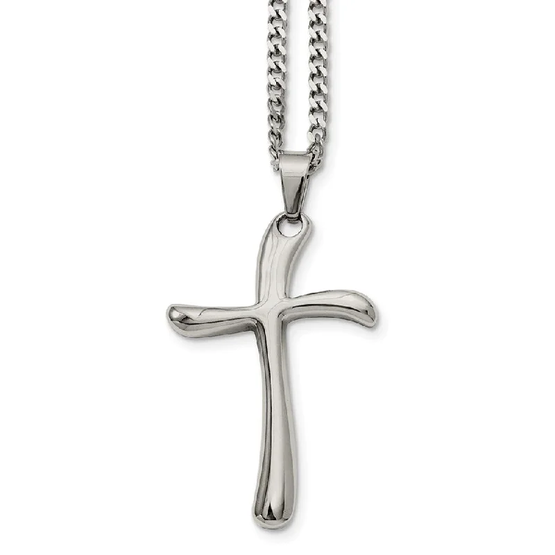 Grooved rim necklace-Stainless Steel Polished Curved Cross Necklace - 22 Inch