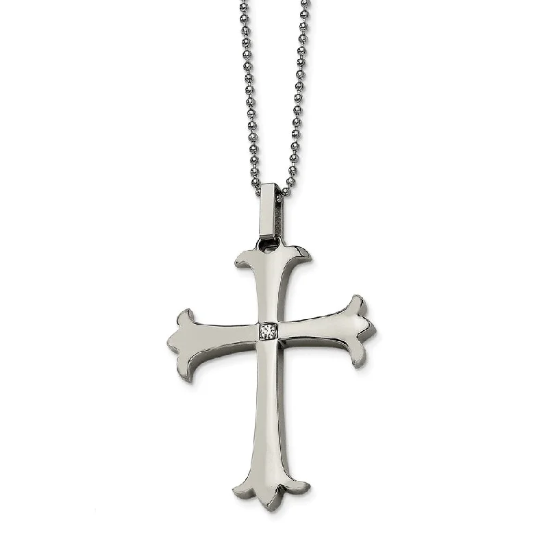 Horizon-cut necklace-Stainless Steel Polished Fleur-de-lis Cross Necklace with CZ - 22 Inch