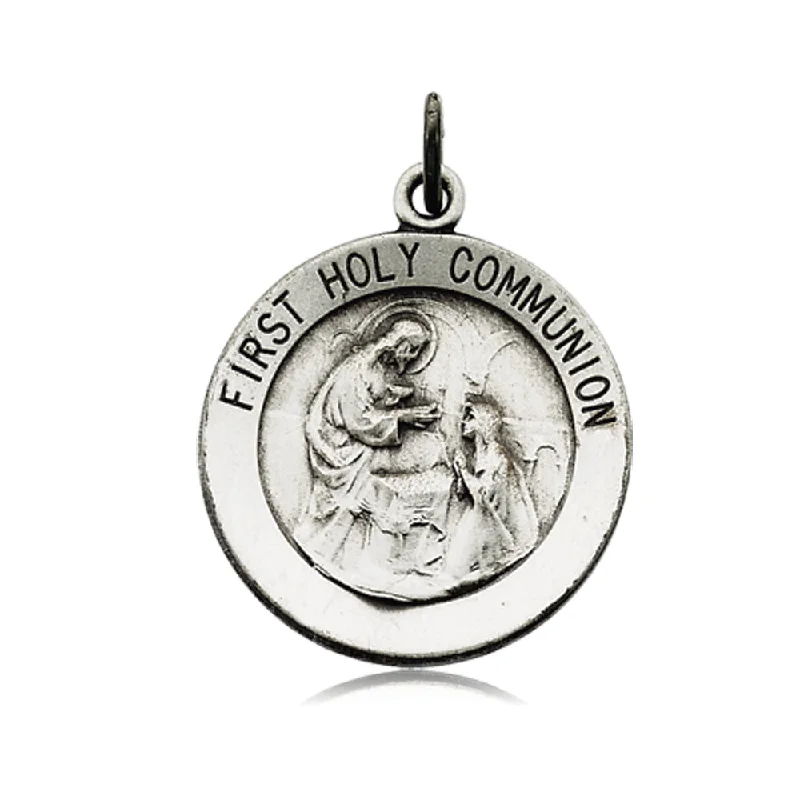 Satin titanium necklace-Sterling Silver 18mm First Holy Communion Medal Necklace, 18 Inch