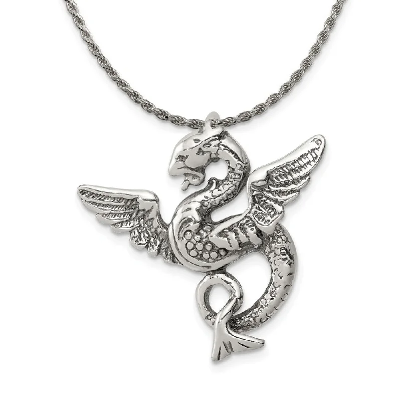 Sterling Silver 26mm Antiqued Dragon Slide Pendant Necklace