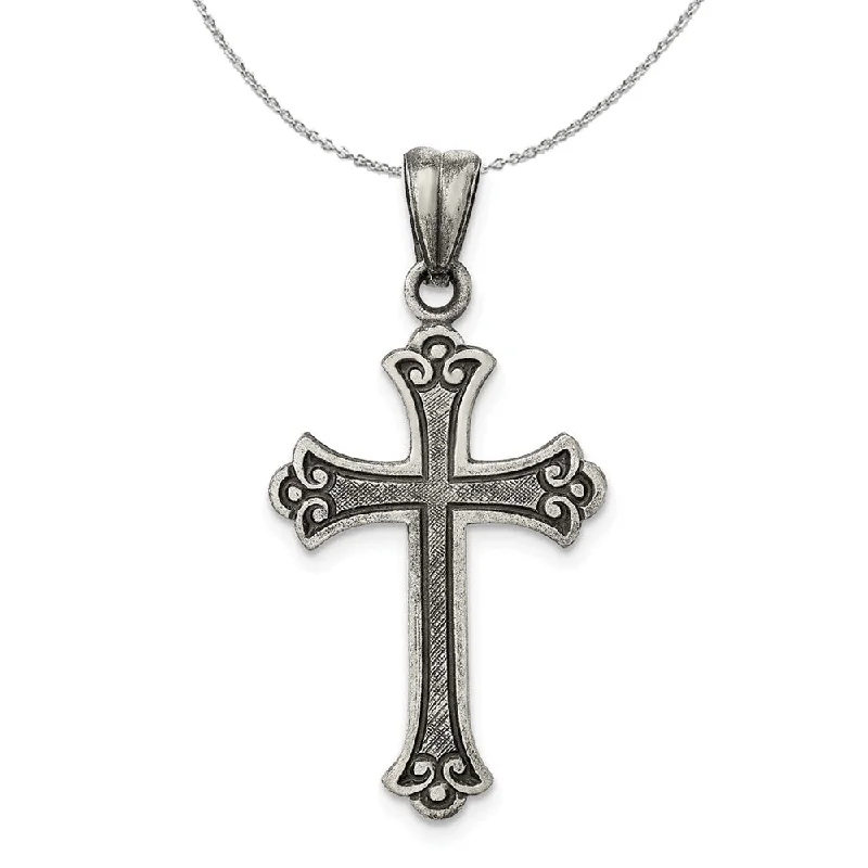 Sterling Silver Antiqued Fleur de Lis Cross Necklace