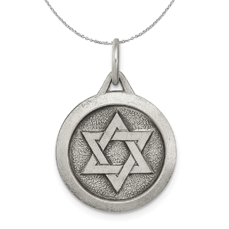 Sterling Silver Antiqued Star of David Medal, 17mm Necklace