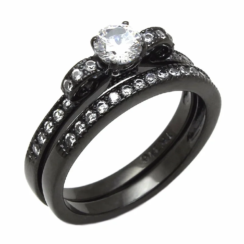 Radiant zircon ring-0.4 Ct Small Round Cut CZ Black IP Stainless Steel 2 Pieces Engagement RINGS SET