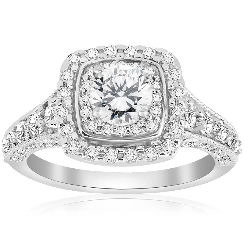 Sharp stone ring-1 1/2ct Double Halo Cushion Vintage Diamond Engagement Ring 14K White Gold