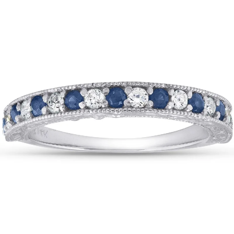 Natural garnet ring-1/2Ct Blue Sapphire & Diamond Wedding Ring Anniversary Stackable Band White Gold