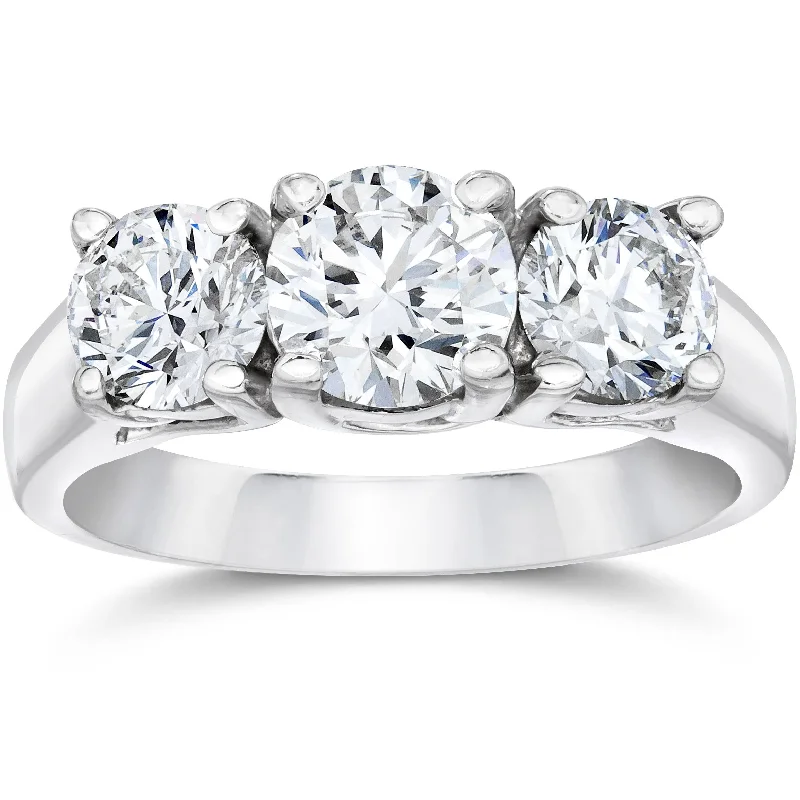 Fused-ring band-1 3/4Ct Three Stone Round Cut Diamond Engagement Ring 14k White Gold Lab Grown