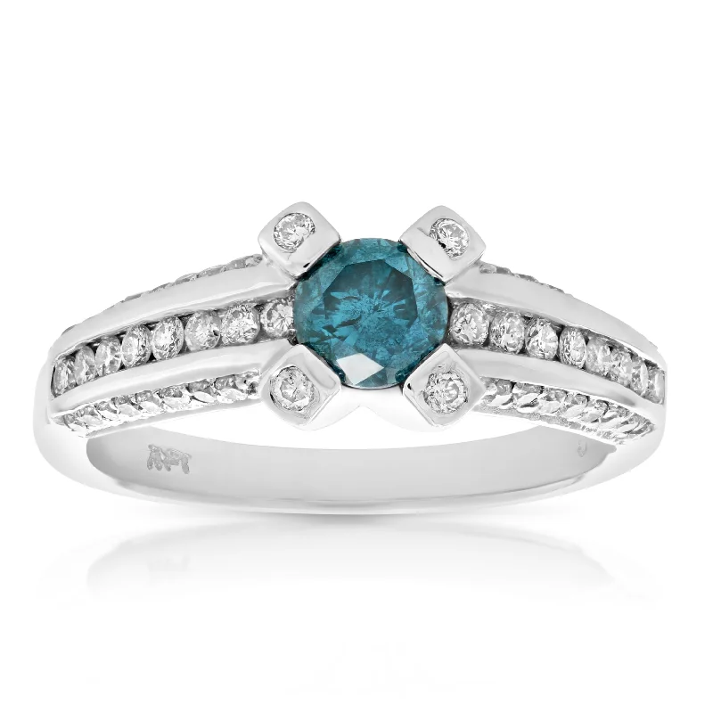 Lush emerald ring-1.35 cttw Blue and White Diamond Engagement Ring 14K White Gold