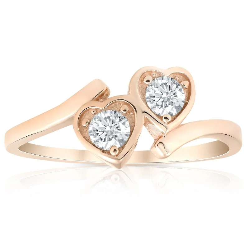 Parted-tier ring-1/3ct Diamond Solitaire Two Stone Forever Us Heart Shape 14k Rose Gold Ring