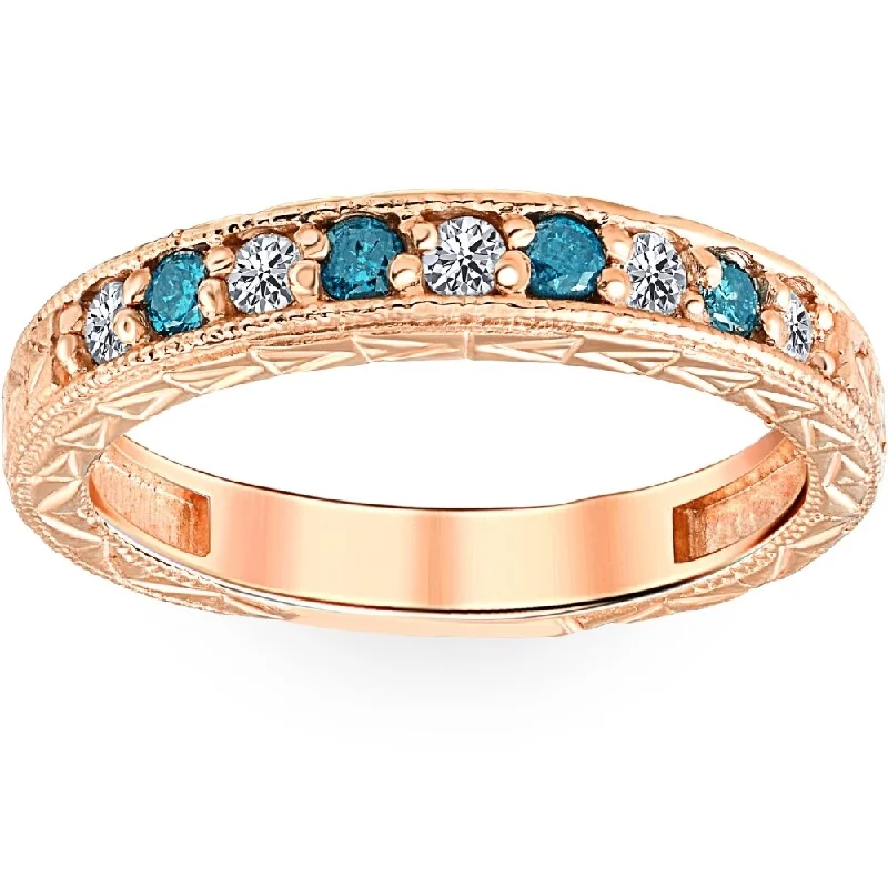 Stamped design ring-1/4CT Blue & White Diamond Wedding Anniversary Ring 14K Rose Gold