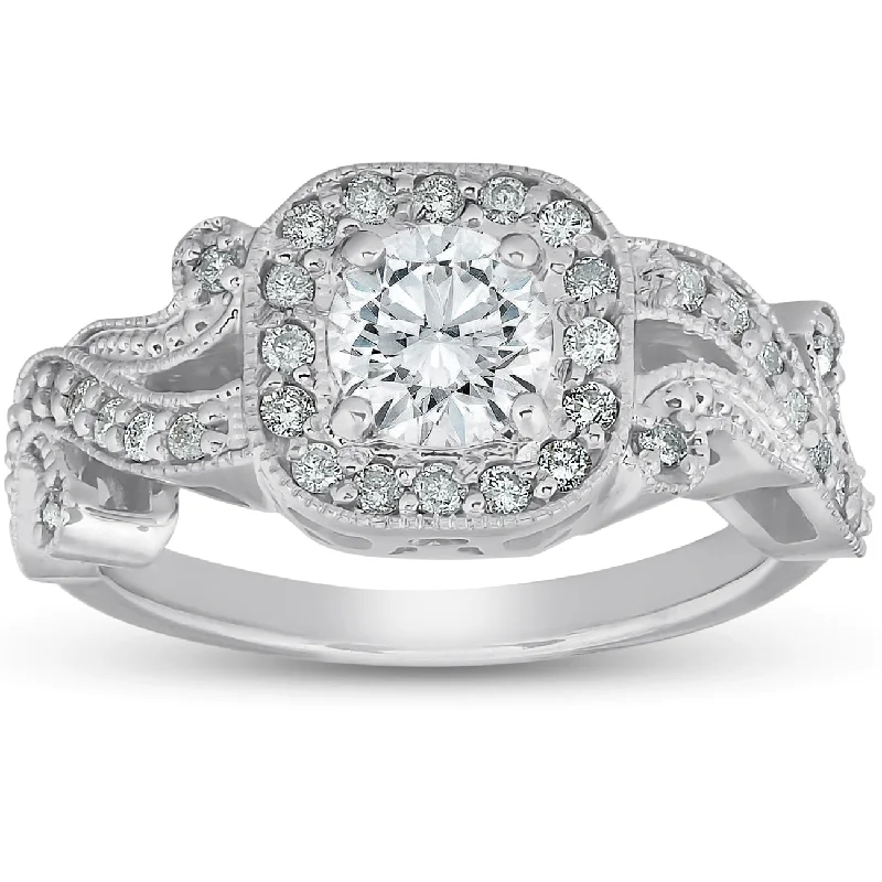 Subtle arc ring-1 Ct Diamond Vintage Cushion Halo Vine Band Engagement Ring 14k White Gold