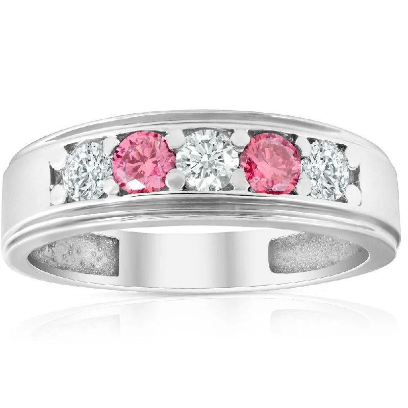 Tesselated band ring-1 Ct T.W. Pink & White Lab Grown Diamond Mens Wedding Ring 5-Stone White Gold