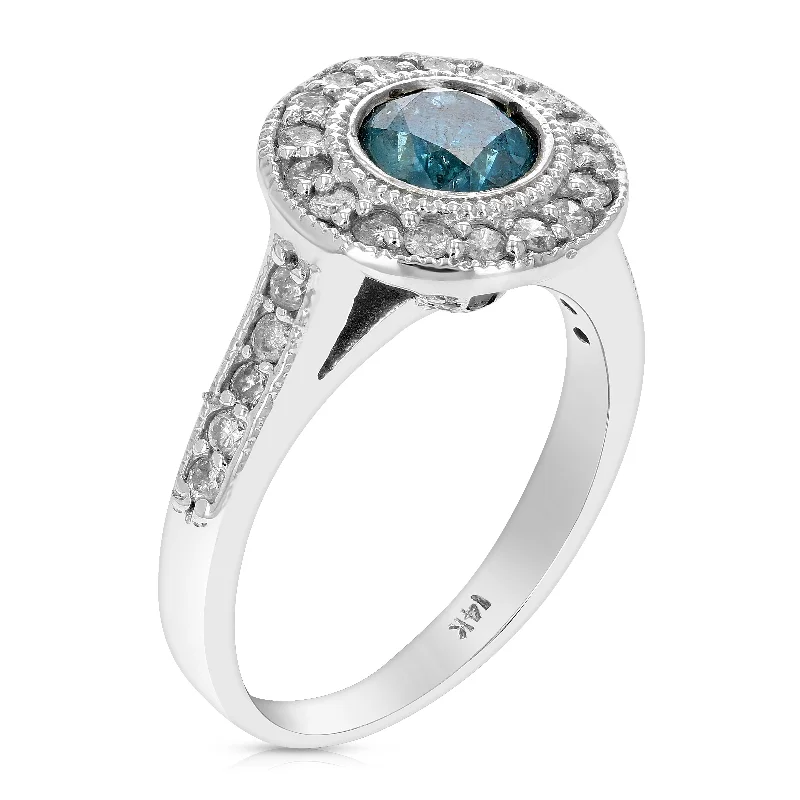 Ten-gem ring-1 cttw Blue Diamond Engagement Ring 14K White Gold Halo Style Round Prong