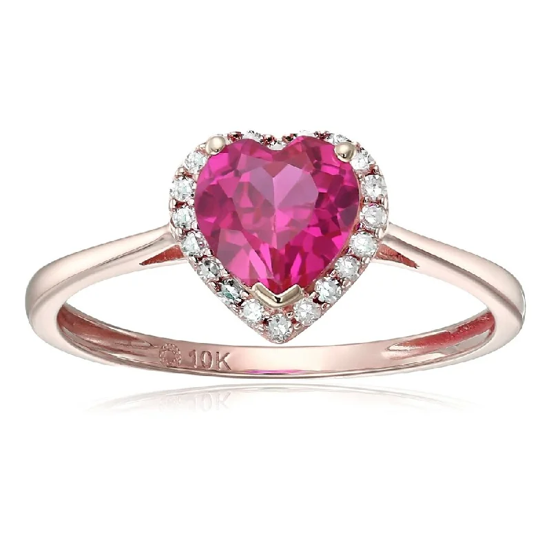 Dainty filigree ring-10k Rose Gold Created Ruby & Diamond Solitaire Heart Halo Ring