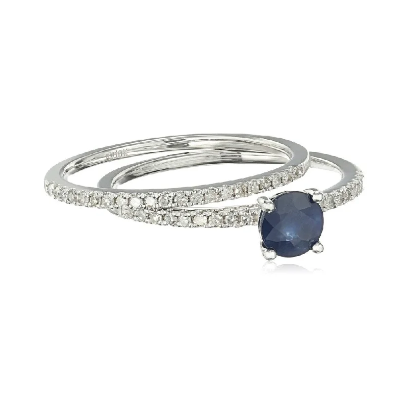 Pulse-wave ring-10k White Gold Genuine Blue Sapphire & Diamond Stackable Ring