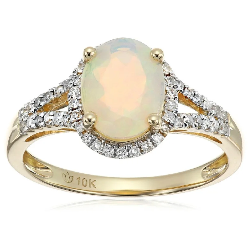 Luminous diamond ring-10k Yellow Gold Ethiopian Opal and Diamond Oval Ring, Size 7 - White