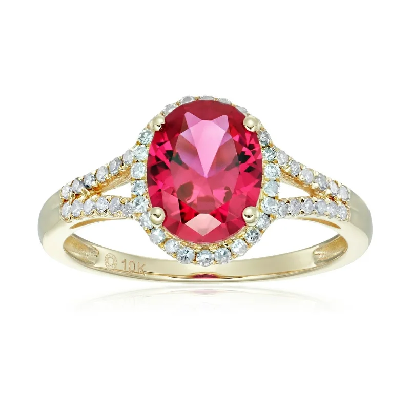 Grooved pattern ring-10KT Gold Created Ruby and Diamond Ring