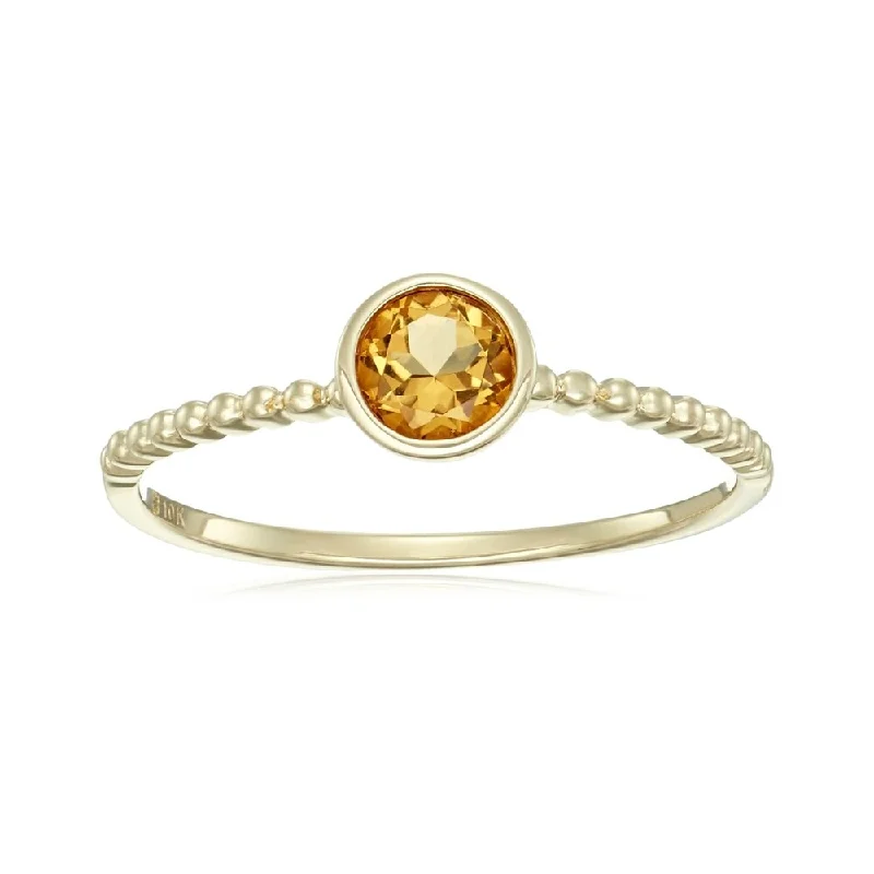 Angled stone ring-10KT Yellow Gold Citrine Solitaire Beaded Shank Stack Ring