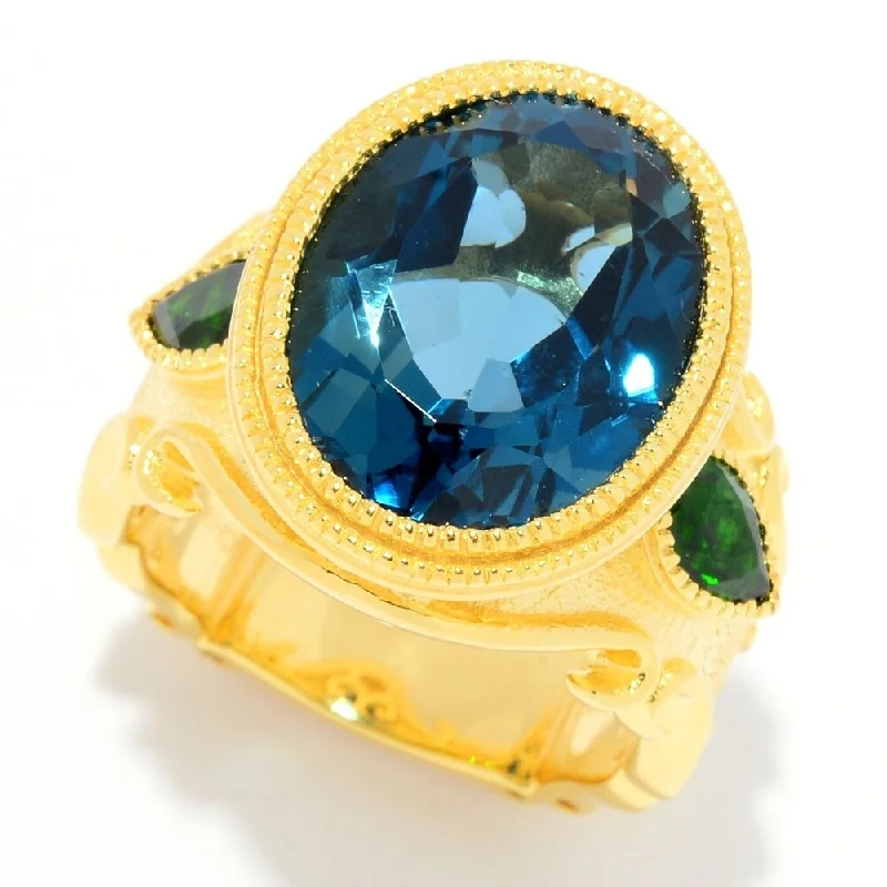 Nonagonal stone ring-13.20ctw London Blue Topaz & Chrome Diopside Etruscan Ring