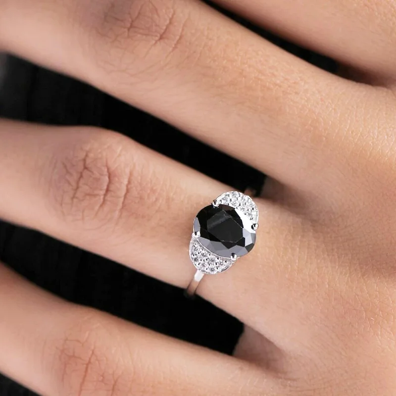 Soft curve ring-14 k White Gold Black Oval Diamond Ring For Her