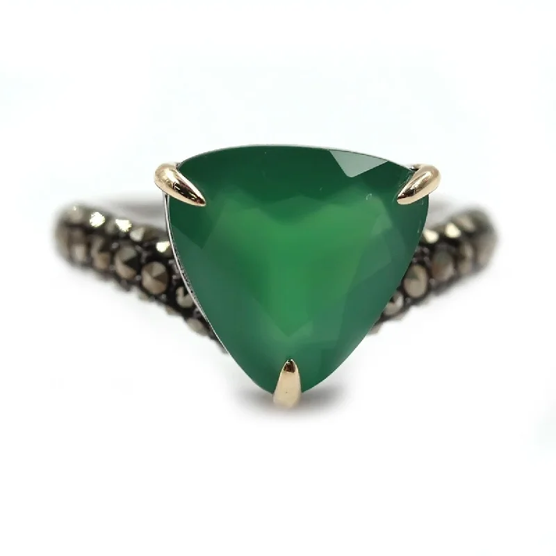 Twinkling crystal ring-14k Gold And Sterling Silver Green Agate and Marcasite Ring