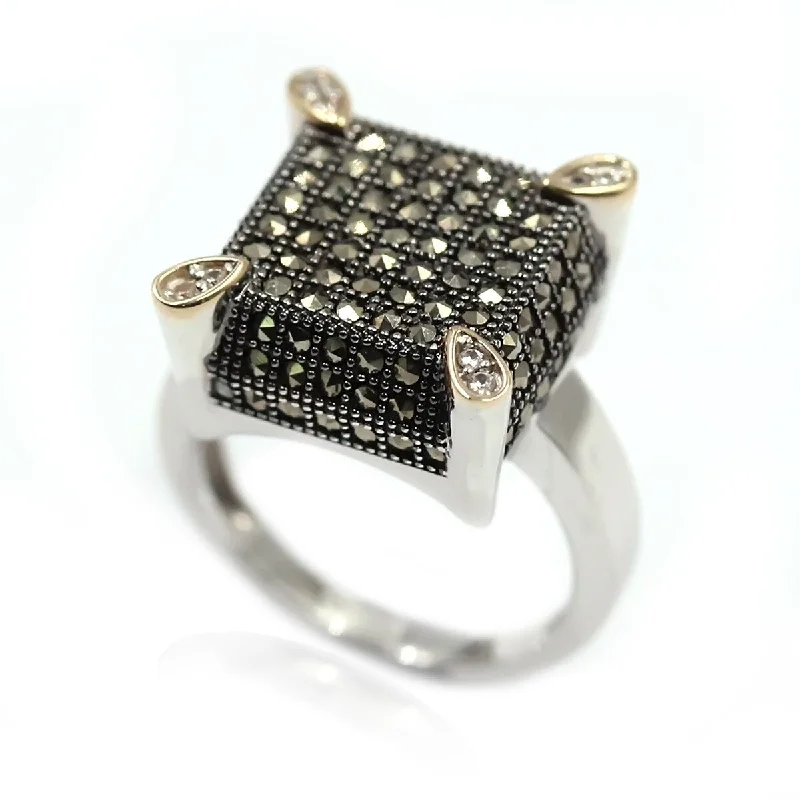 Flowing arc ring-14k Gold and Sterling Silver Marcasite Ring