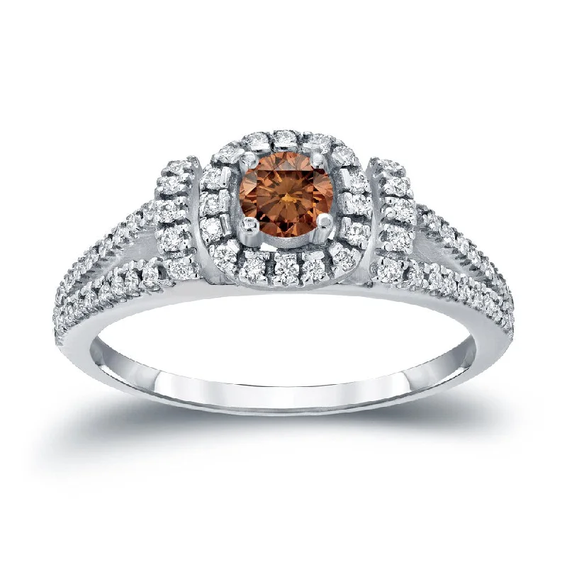 Heptagon gem ring-14k Gold Round 1/2ct TDW Split Shank Brown Diamond Halo Engagement Ring by Auriya (I1-I2)