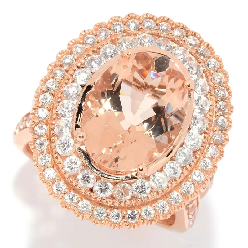 Sunken stone ring-14K Rose Gold Oval Morganite & Gemstone Double Halo Ring