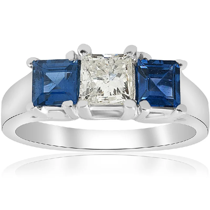 Dainty filigree ring-14K White Gold 1 1/2ct Princess Cut Diamond & Blue Sapphire 3 Stone Ring