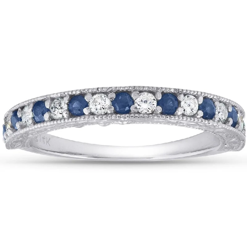 Glowing minimalist ring-14k White Gold 1/2 Ct TDW Blue Sapphire & Diamond Wedding Ring Vintage Band