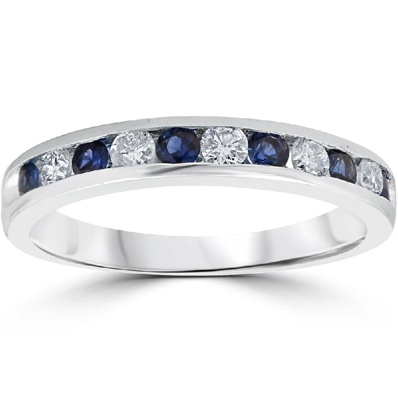 Etched band ring-14K White Gold 1/2 ct TW Blue Sapphire & Diamond Channel Set Wedding Stackable Ring