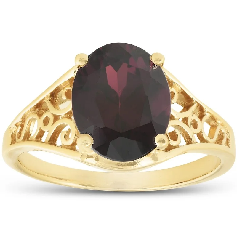 Ruffled rim ring-14k Yellow Gold Oval Garnet Solitaire Ring Vintage Antique Scroll Accent Wide Band